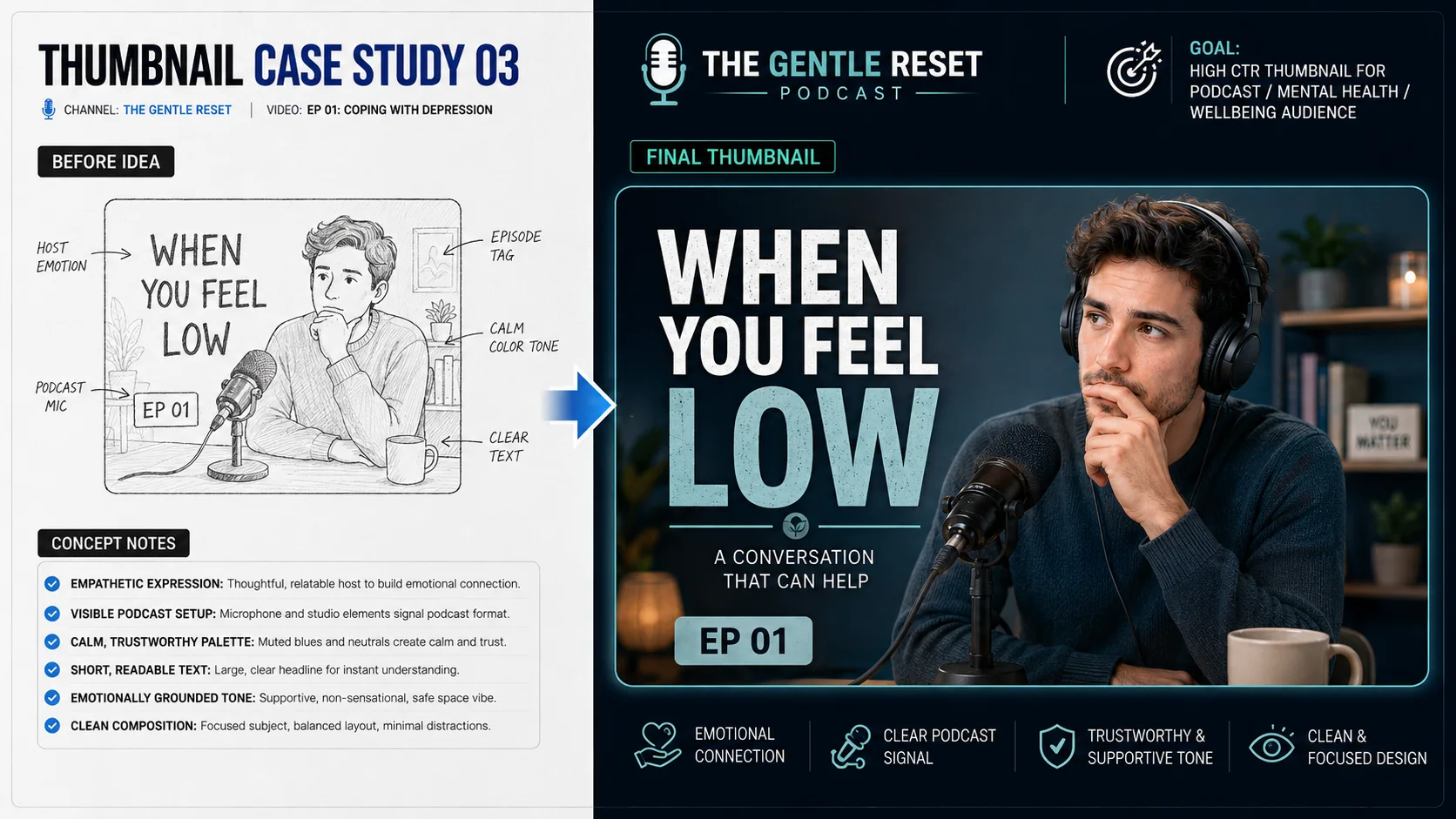Mental wellness podcast thumbnail concept board